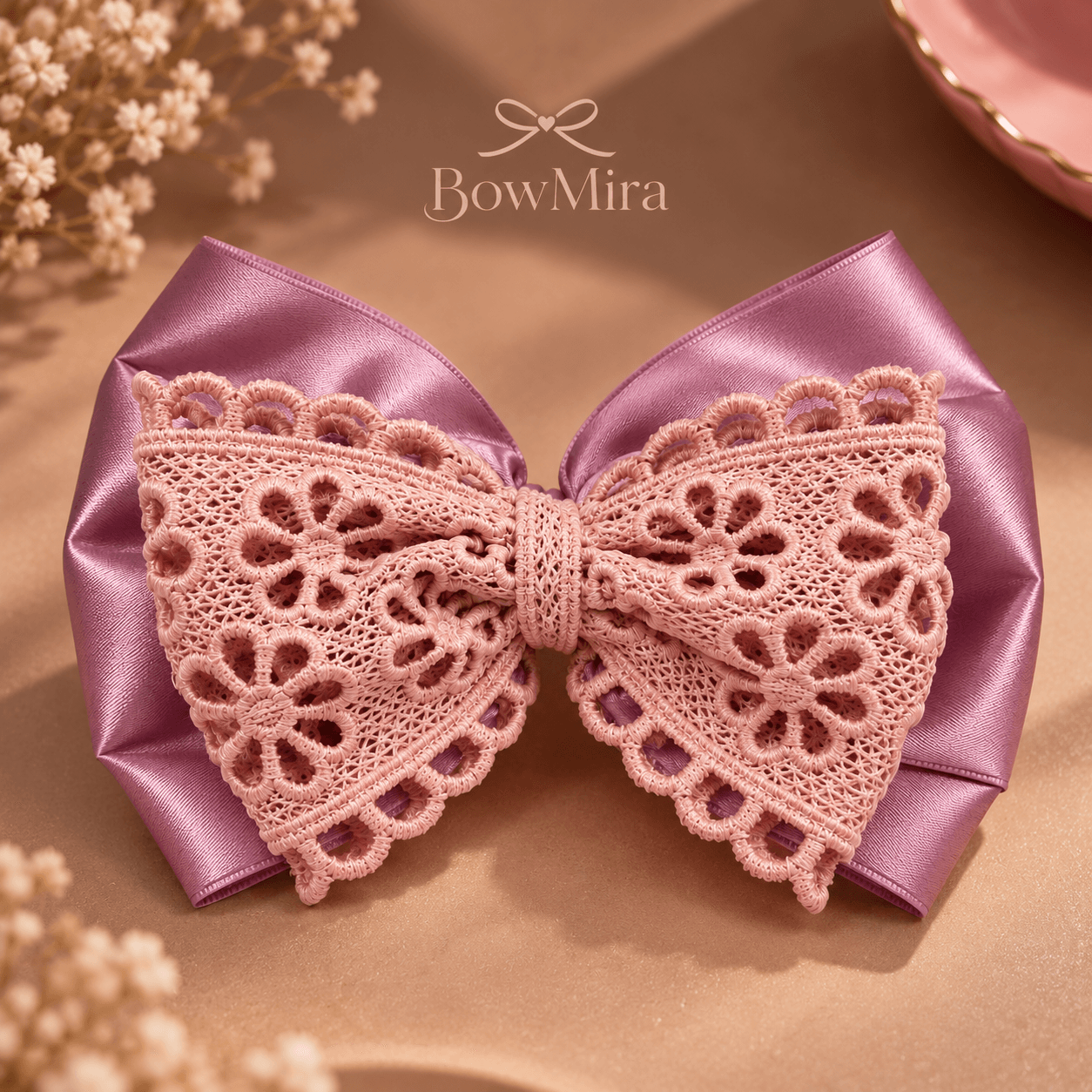 Bowmira mauve lace bow